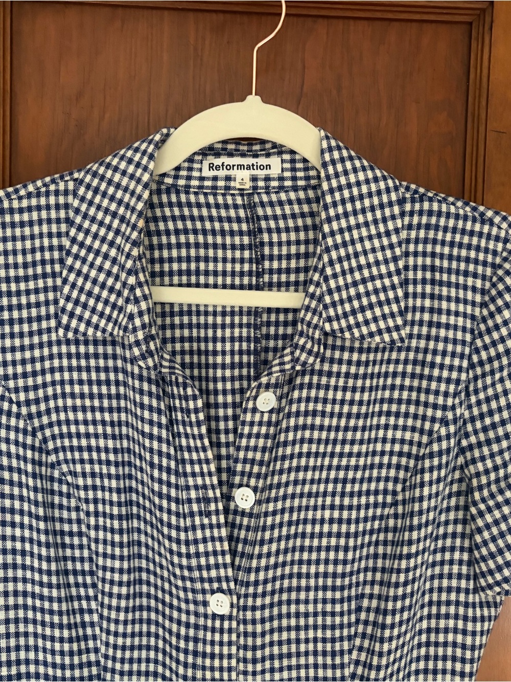Reformation Navy & White Gingham Linen Shirt Dress - Picture 3 of 5